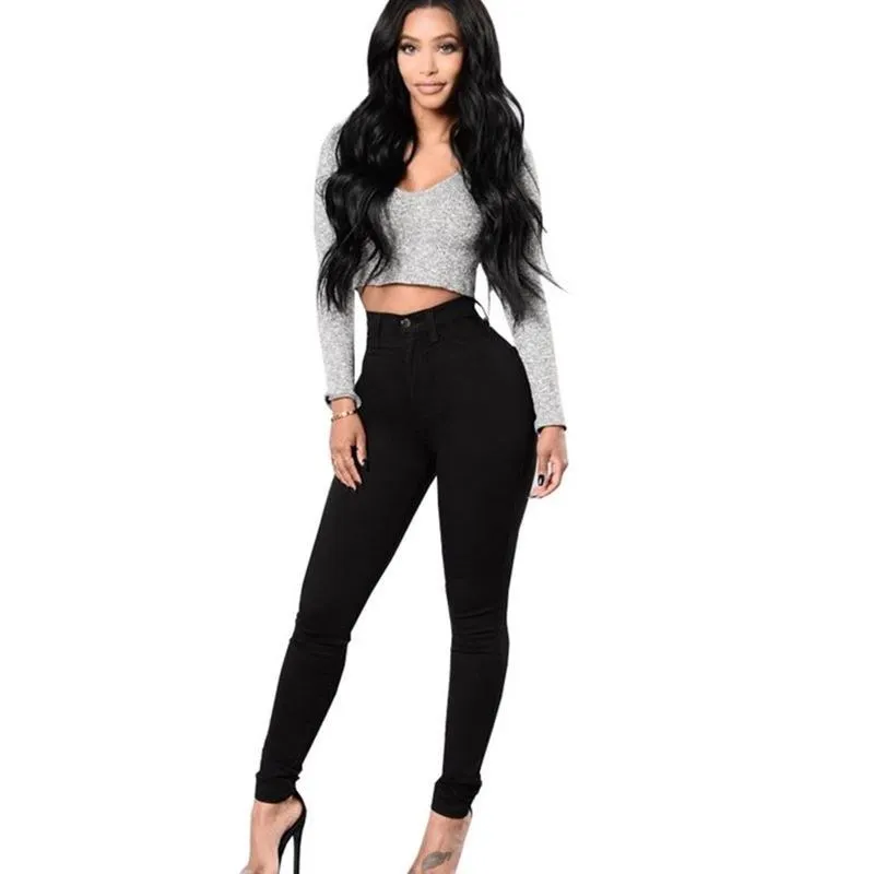 

207 Women's High Waist Bla Casual Pencil Jeans Denim Pants Long Trousers Deep Color Waed out Faion Ladies' Denim Pant