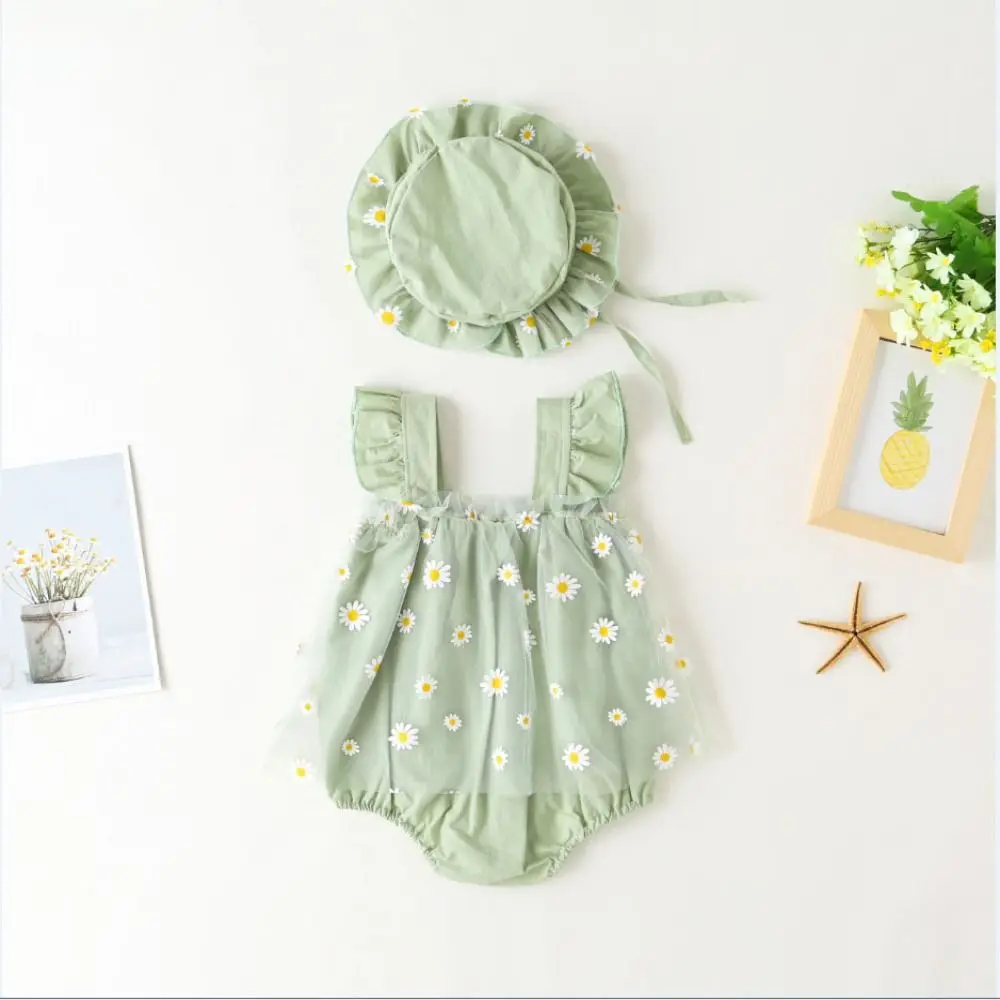 Mesh Flower Baby Princess Dress with Hat Sleeveless Loose Baby Climbing Suit Sweet Thin Infant Romper Toddle Jumpsuits
