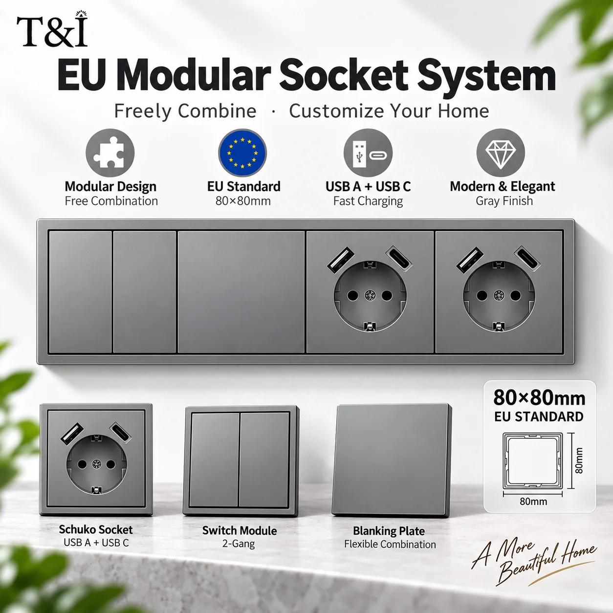 80x80mm EU Modular Wall Socket Schuko Outlet USB Type C Switch Panel European Standard Gray Electrical Socket System