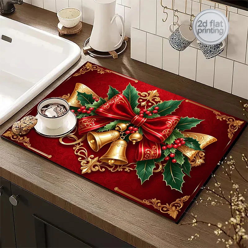 1pc, Polyester Product, Christmas, Red Background with Christmas Bell and Bow Decorative Print, Kitchen Absorbent Mat, Bar Count