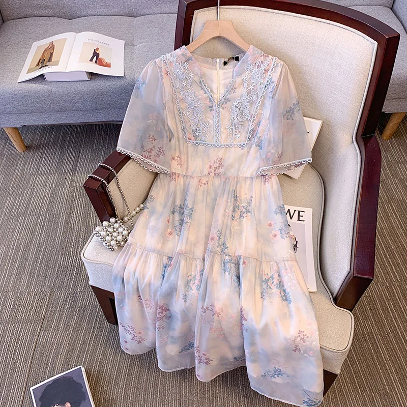 150Kg Plus Size Women's Bust 147 Summer Loose Printed Short Sleeved V-Neck Dress Decor 5XL 6XL 7XL 8XL 9XL