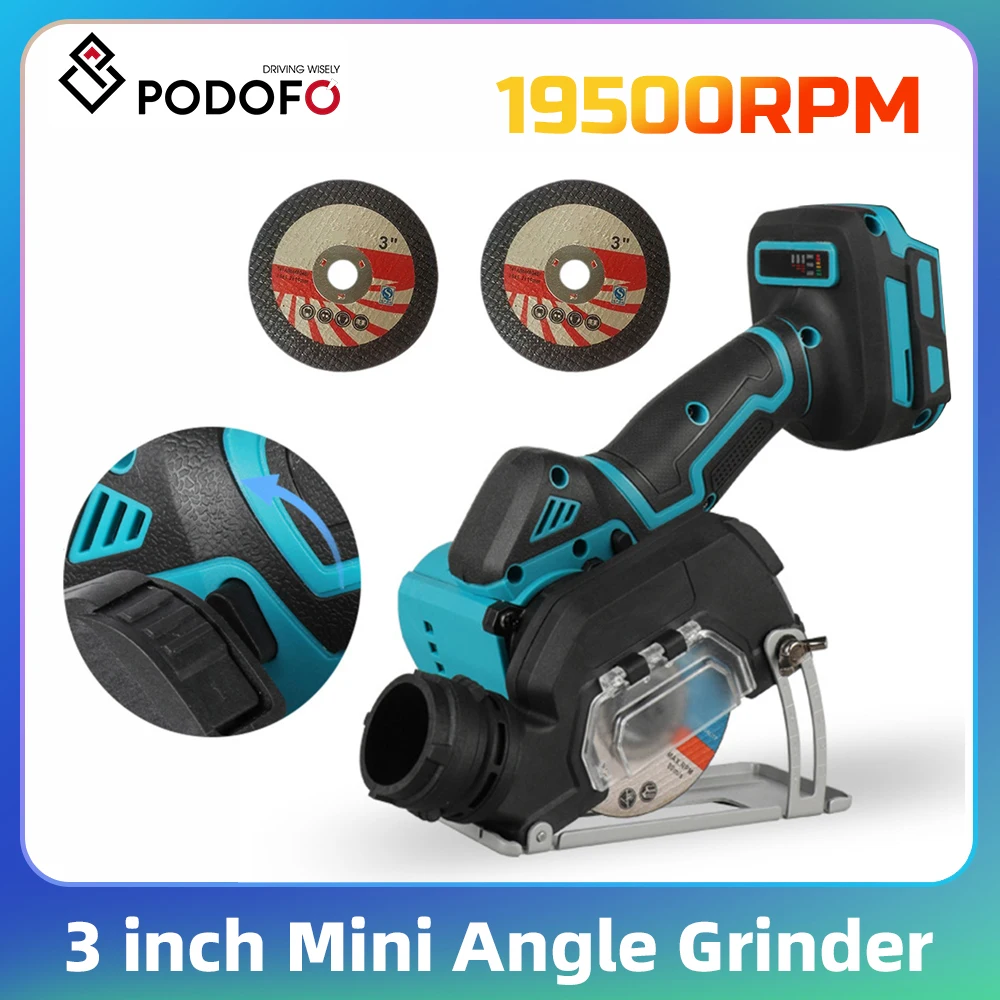 Podofo 3 Zoll Winkelschleifer 19500 U/min Kabelloses Elektrowerkzeug mit 2 Stück Trennscheiben für Metall Holz Polieren Rostentfernung 380W Mini-Winkelschleifer-Set