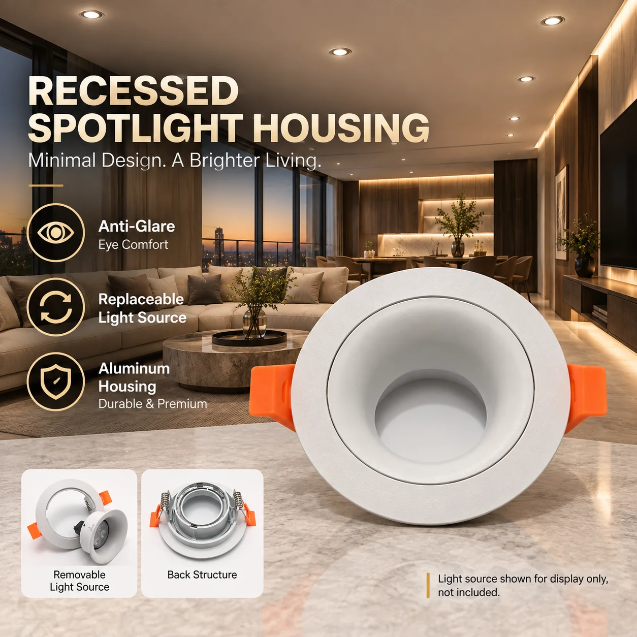 GU10 MR16 Recessed Downlight Frame 80mm Cutout Deep Anti Glare Aluminum Spotlight Housing Replaceable Bulb Holder Ceiling Light