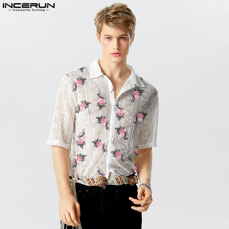 2024 Men Shirt Mesh Transparent Flower Printing Lapel Short Sleeve Summer Men Clothing Streetwear Fashion Casual Shirts INCERUN