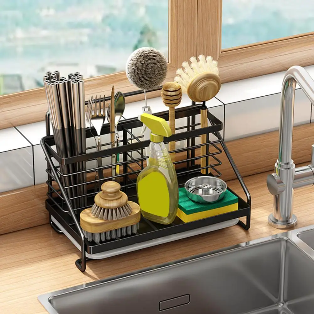 Stain-resistant Sink Rack Soap Dispenser Stand Kitchen Sink Caddy Organizer with Drainage Tray Sponge Holder Soap for Brushes