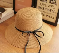 Wide Brim Bowknot Ribbon Straw Sun Hats for Women Girls Summer UV Protection Floppy Foldable Beach Hat Outdoor Travel Panama Cap
