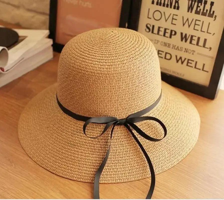 Słomkowe kapelusze przeciwsłoneczne z szerokim rondem i kokardą dla kobiet i dziewcząt Letnia ochrona przed promieniowaniem UV Składany kapelusz plażowy Outdoor Travel Panama Cap