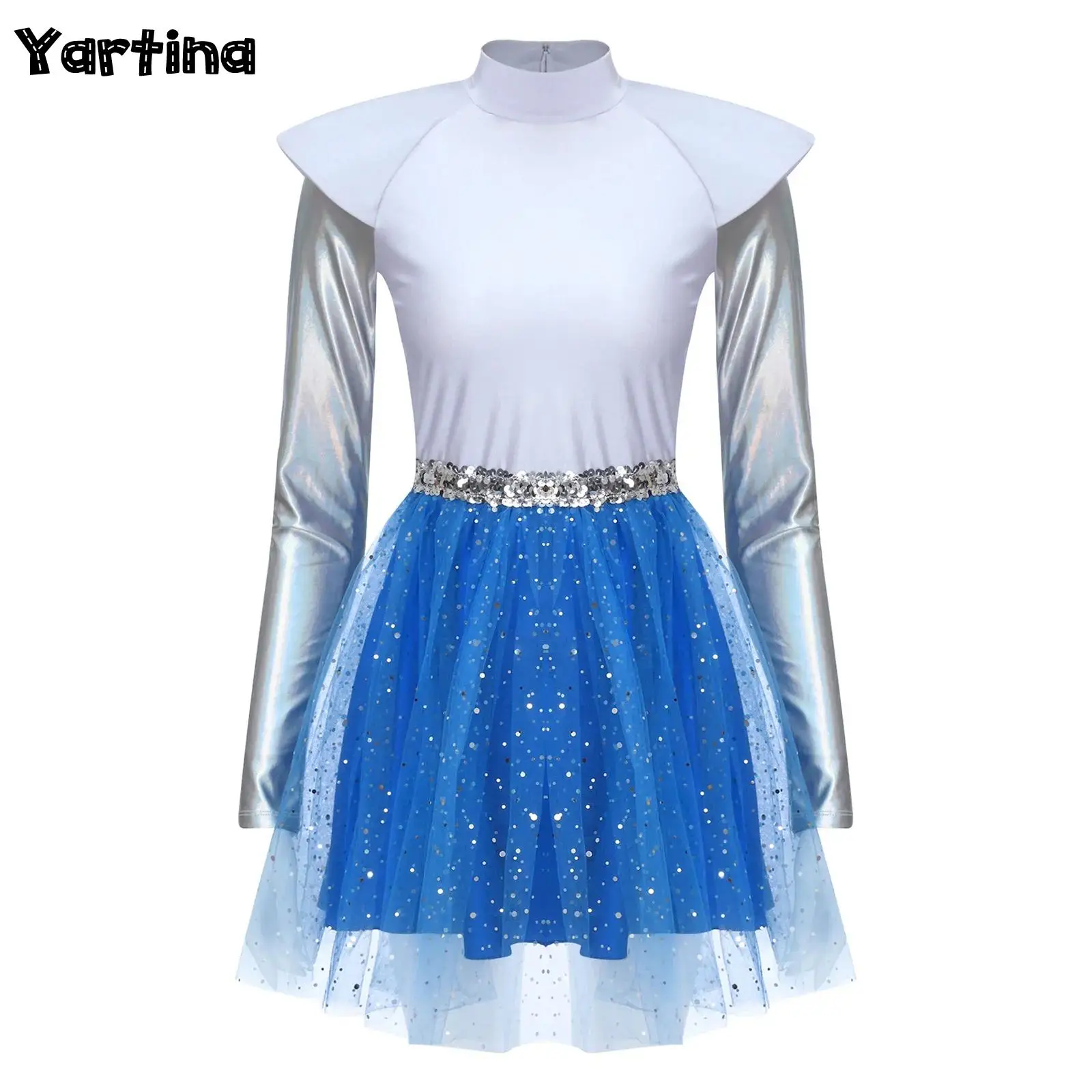 

Womens Halloween Alien Astronaut Cadet Space Cosplay Costume Metallic Shiny Long Sleeve Sequin Cutie Fighter Alien Robot Dress