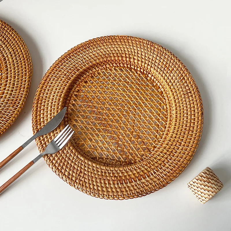 

13 inch Handmade Natural Rattan Plate Decorative round placemat Bread Snack Serving Tray INS Table Decor