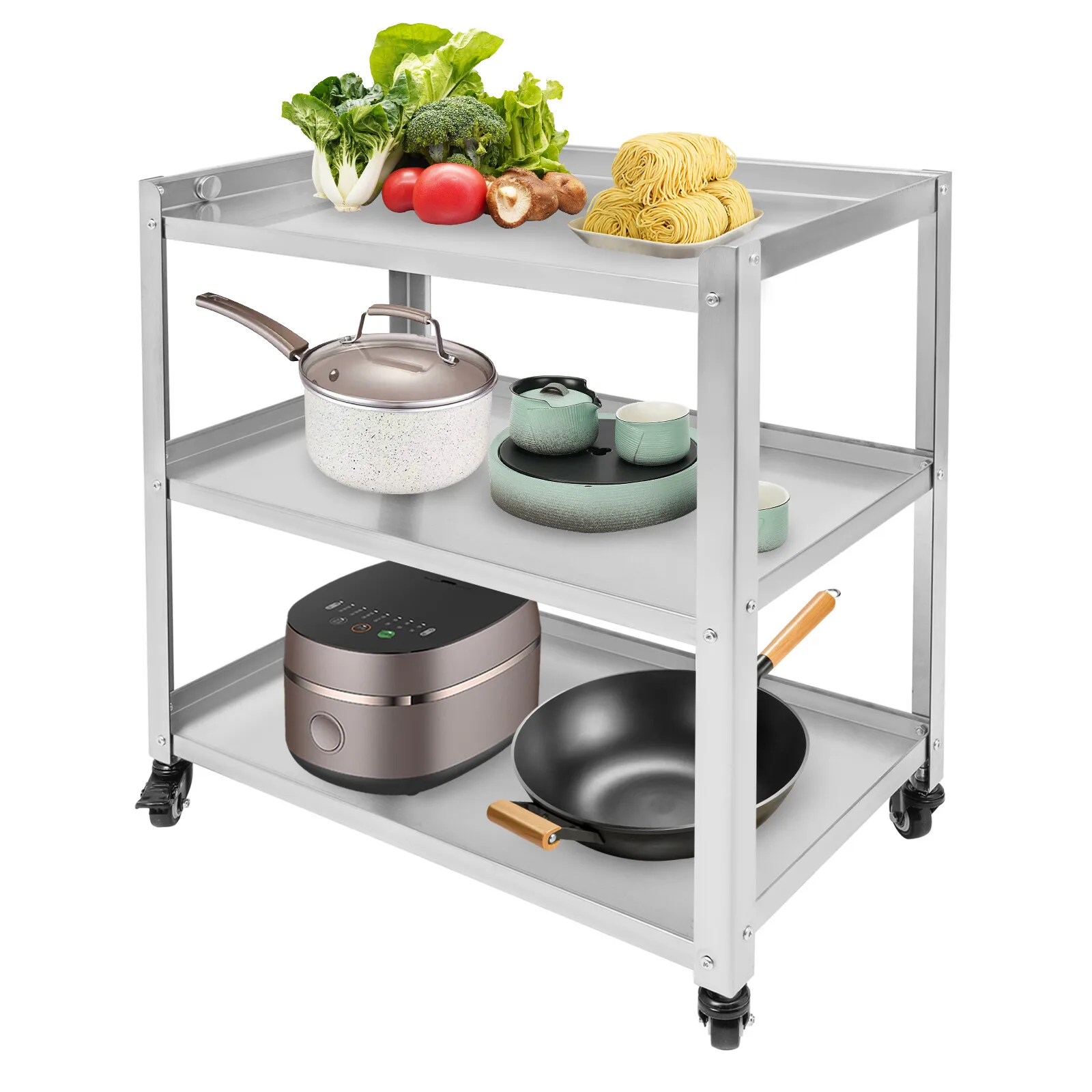 3-Tiers Kitchen Trolley Cart Stainless Steel Utility Serving Storage Rolling Cart With 4* Universal Wheels
