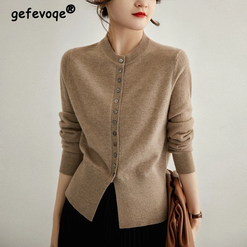 Autumn Winter Elegant Fashion Solid Simple Sweater Cardigan Top Women Long Sleeve All-match Buttons Coat Ladies Knitting Jacket