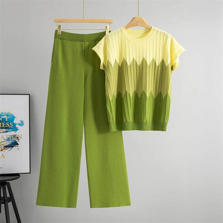Damen Sommer Mode Kurzarm Rundhals Farbblock Strick-Set Locker Bequeme Weite Hose Zweiteiler – Detail 4