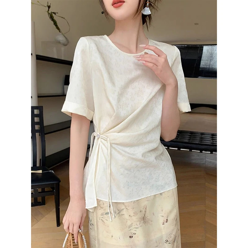 

Women Summer Fashion Buttons Jacquard Solid Color O-neck Short Sleeve Shirts Ladies Simplicity Office Lady All-match Trend Tops