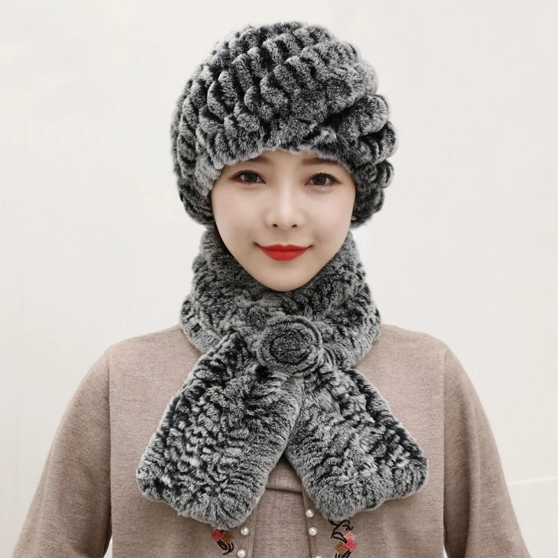 Winter Knitted 100% Natural Fur Hats Scarves Sets Women Warm Real Rex Rabbit Fur Hat Scarf Lady Fashion Thick Rex Rabbit Fur Hat