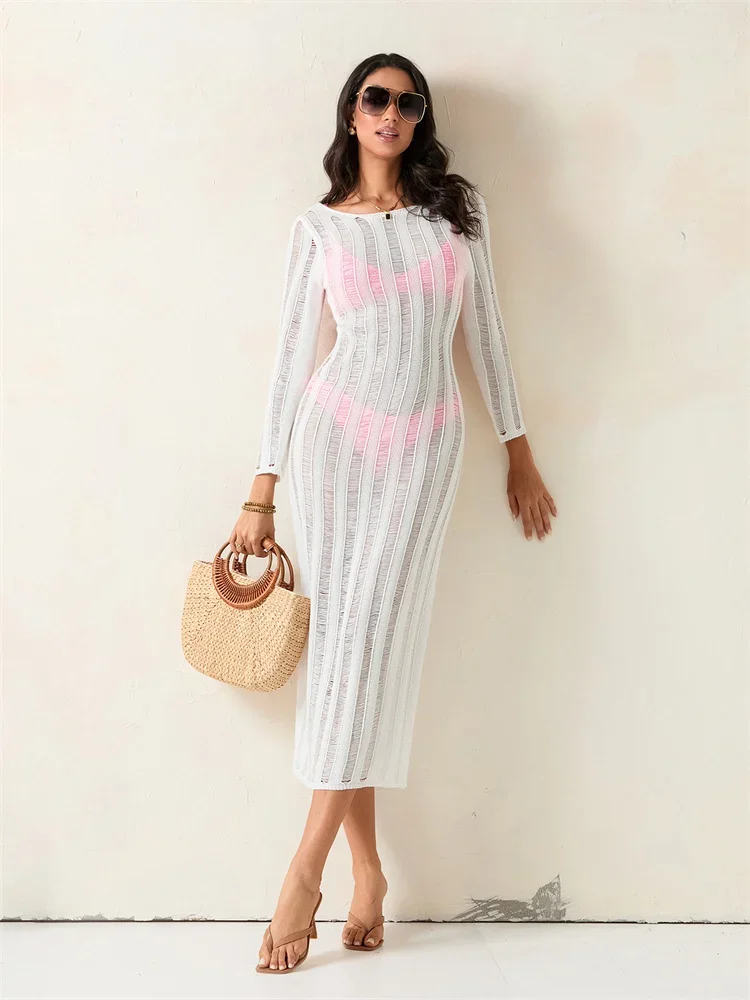 Biquíni feminino cobrir vestido de manga longa u pescoço sem costas midi vestido cor sólida oco para fora malha praia cover-ups