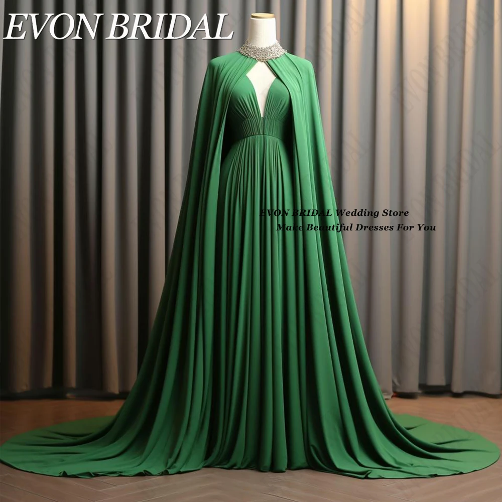 EVON BRIDAL Saoedi-Arabië Vrouwen Avondjurken 2024 formele gelegenheid jurken met kralen sjaal Groene V-hals فساتين سهره Elegant Saoedi-Arabië Vrouwen Avondjurken 2024 Formele Occasie Jurken Met Kralen Sjaal Groen V-ha