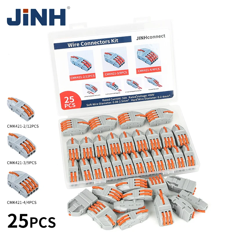 

JINH 25Pcs CMK421 Lever Connector Nuts Assortment Pack Quick Splicing Electrical Terminal Blocks Standard Solid Flexible Wires