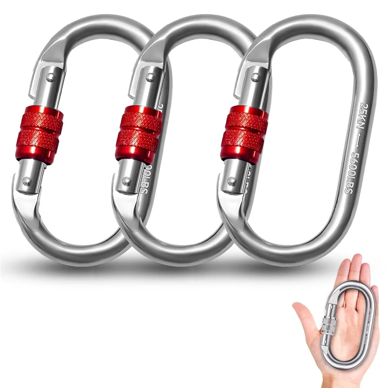 

GYTB-Climber's 3Pcs Set: 3 Large 25 KN Stainless Steel Carabiner Hooks For Safety In Climbing And Abseiling