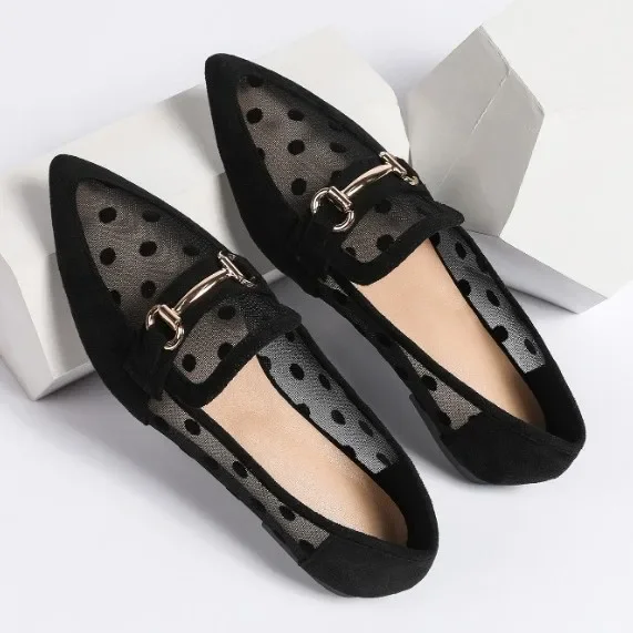 Pointed flat bottom polka dot mesh women's shoes large size 41-43 single shoes spring and summer hollow breathable sandals
