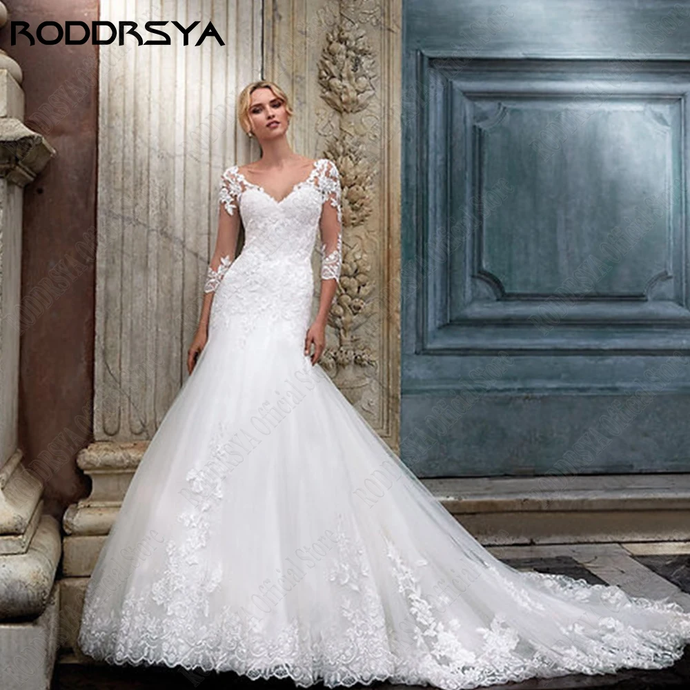 Roddrsya vestido de novia de encaje femenino exquisito sirena 3 / 4 mangas calcomanías vestido de noRODDRSYA-exquisitos vestidos de novia de sirena para mujer, mangas 3/4, apliques, cremallera trasera, cuello en V, tul