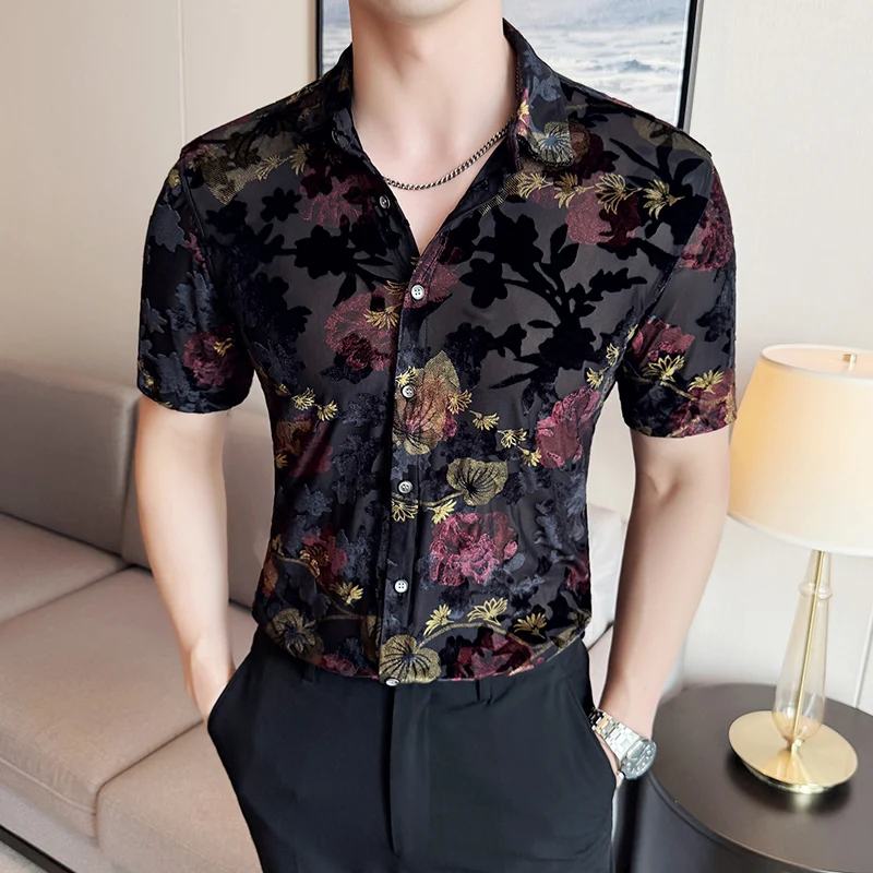 Summer Thin Mesh Man Floral Shirts Elegant Flower Jacquard Short Sleeve Men Shirt Prom Club Slim Fit Button Up Blouse Homme 4XL