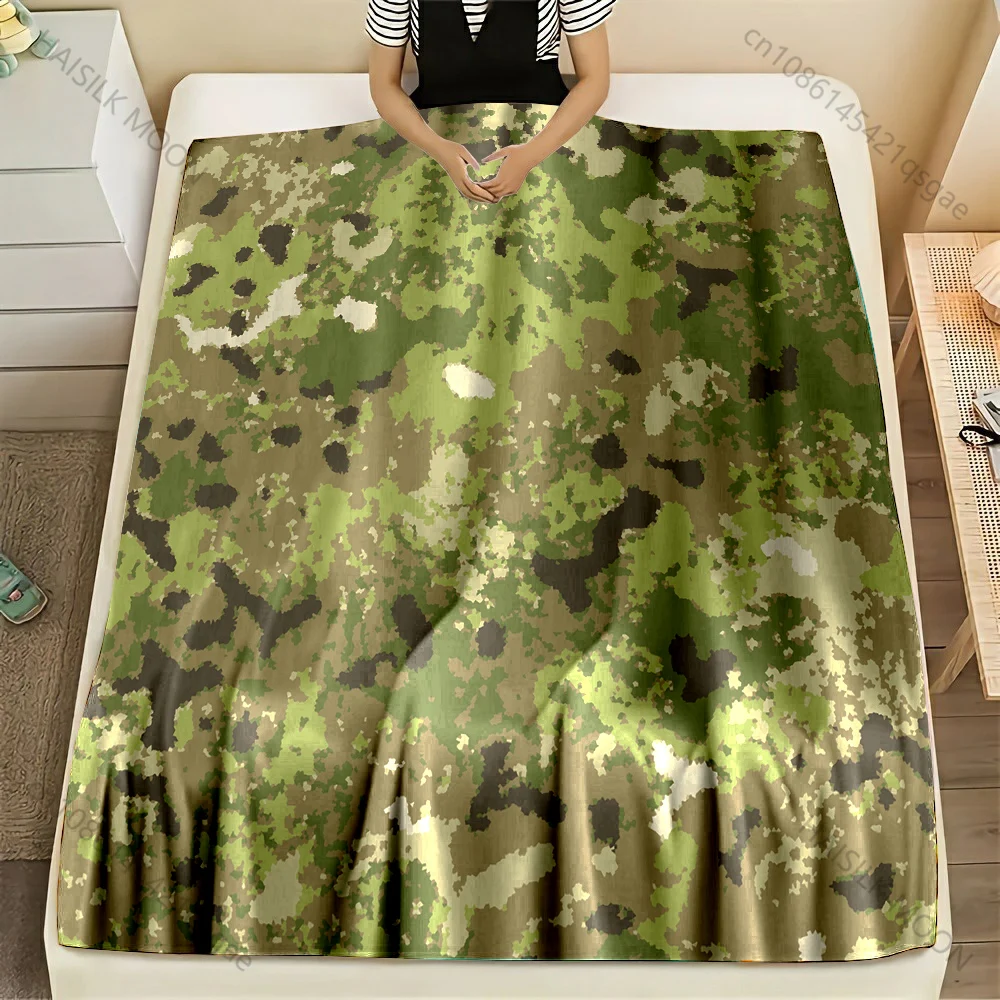 Multi-size Green and Brown Camo Pattern Blanket Flannel Material Soft Warm for All Seasons, Home Outdoor Camping Picnics RV