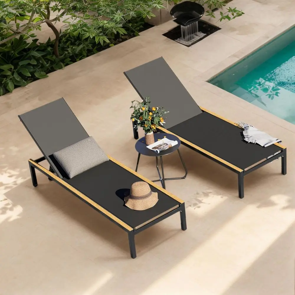 

2-Piece Mesh Sling Lounge Set with Wood Texture, Portable Wheels, 4 Recline Positions, Ideal for Poolside or Beach