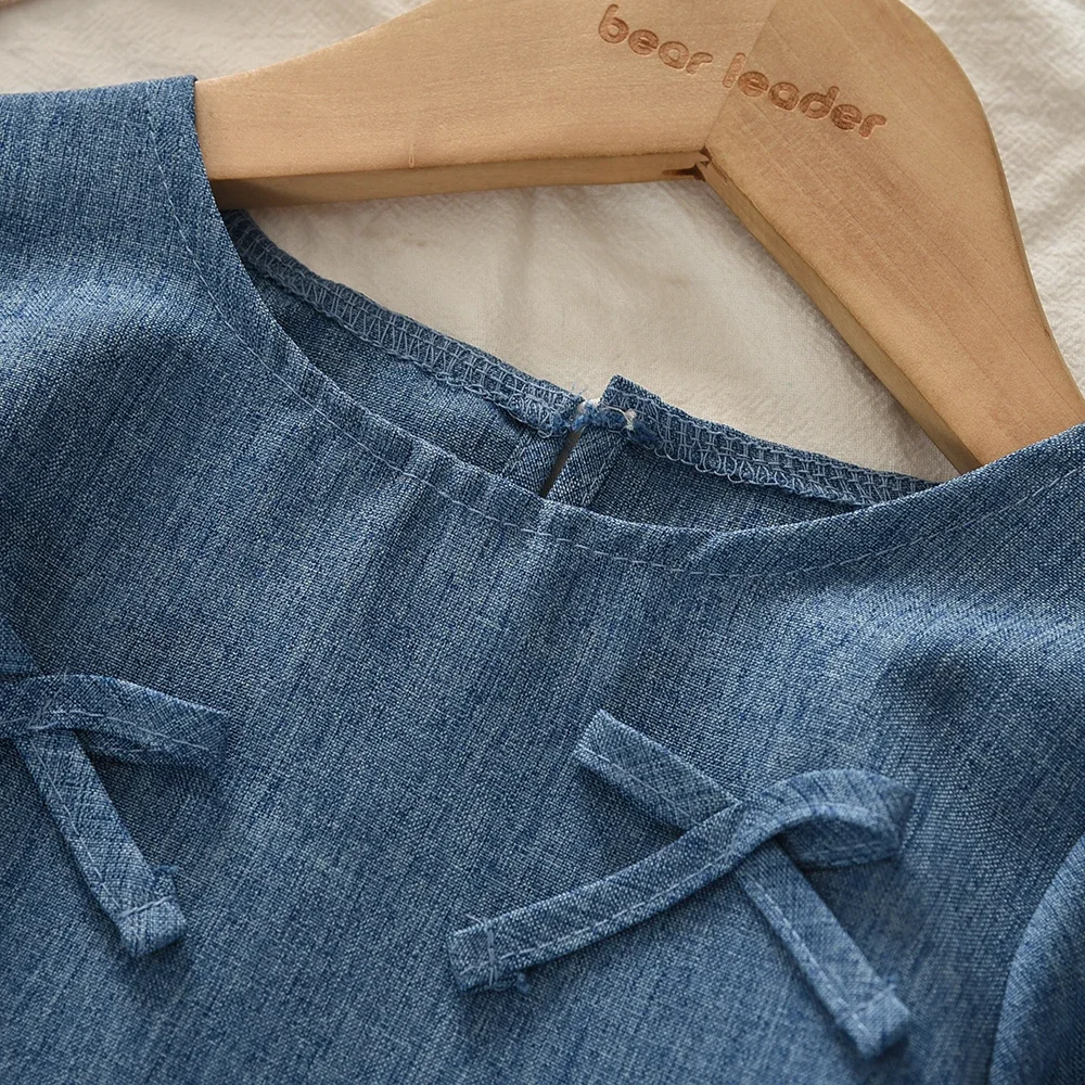 Herbst Neue Mode Süße Farbblockierte Mädchenkleidung Cowboy-Imitation Kinder Zweiteiler Set Langarm-Oberteil mit Schleifendekoration + Hose – Detail 4
