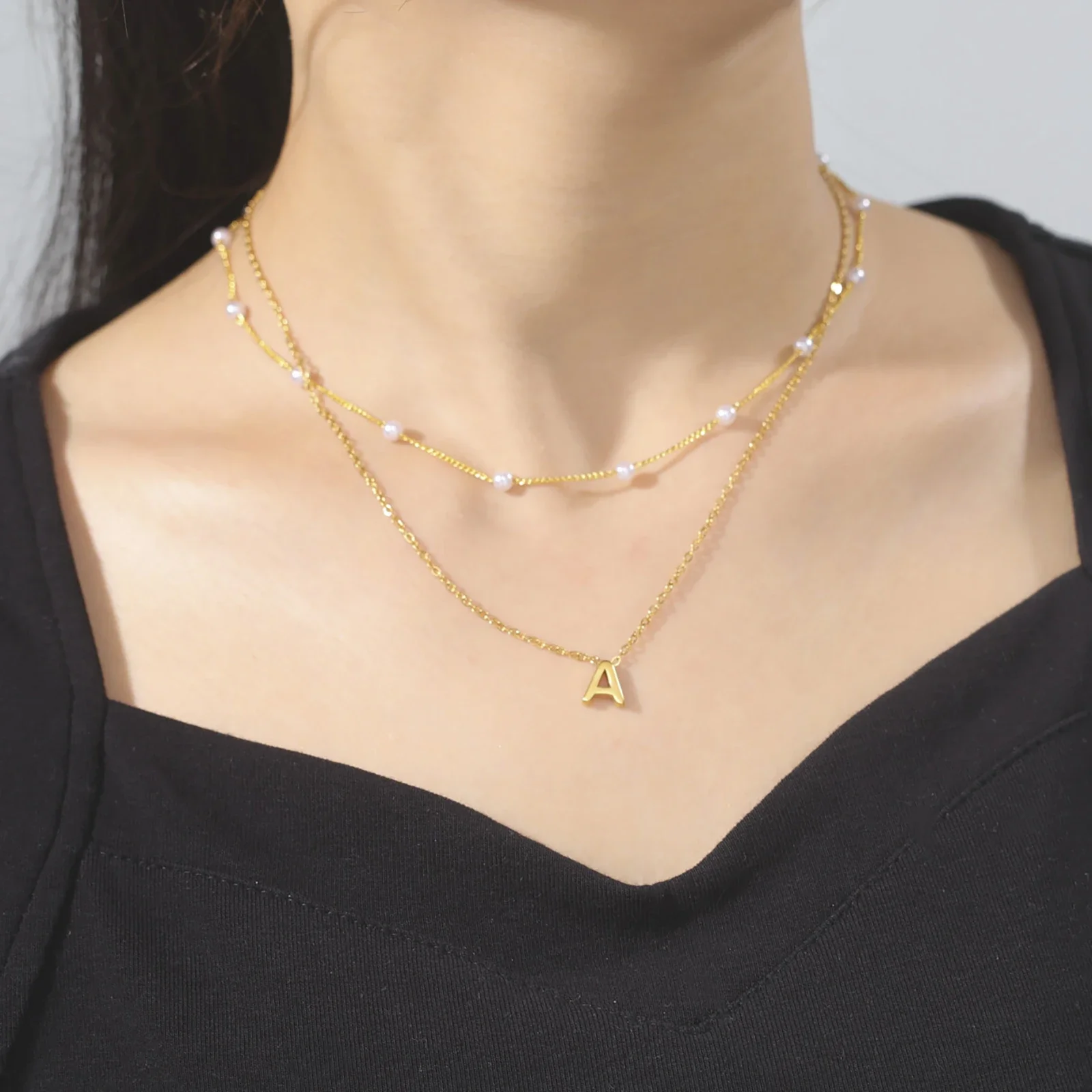 Skyrim Stainless Steel Initial Letter Necklace Women A-Z Alphabet Imitation Pearl Double Layer Neck Chain Aesthetic Jewelry Gift