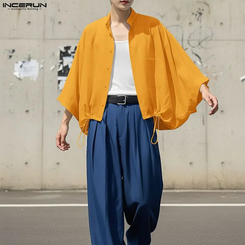 

INCERUN Men Shirt Solid Stand Collar 3/4 Sleeve Loose Casual Men Clothing Drawstring Streetwear 2026 Fashion Tops Male Shirts