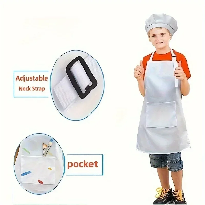 1set Children\'s Apron with Chef Hat Set-Waterproof Art Smock Feeding Bib Cooking Baking Painting Training Clothes