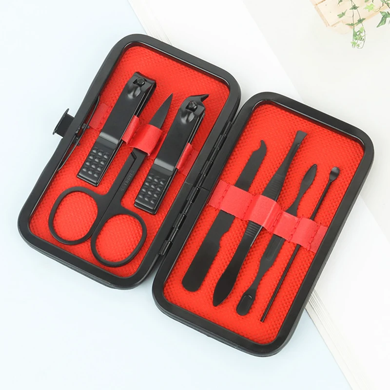 Unisex Mini Compact Gift Eyebrow Clip Tweezers Home Nail Clipper black red 7piece Set Large Opening Manicure Tool