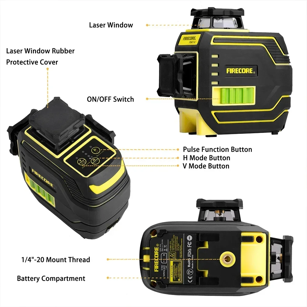 FIRECORE F94T-XG 12-liniowa zielona niwelacja laserowa 3D 360 Лазерный Уровень IP65 poziomica noktowizyjna너strukcja lazer Z statywem odbiornika