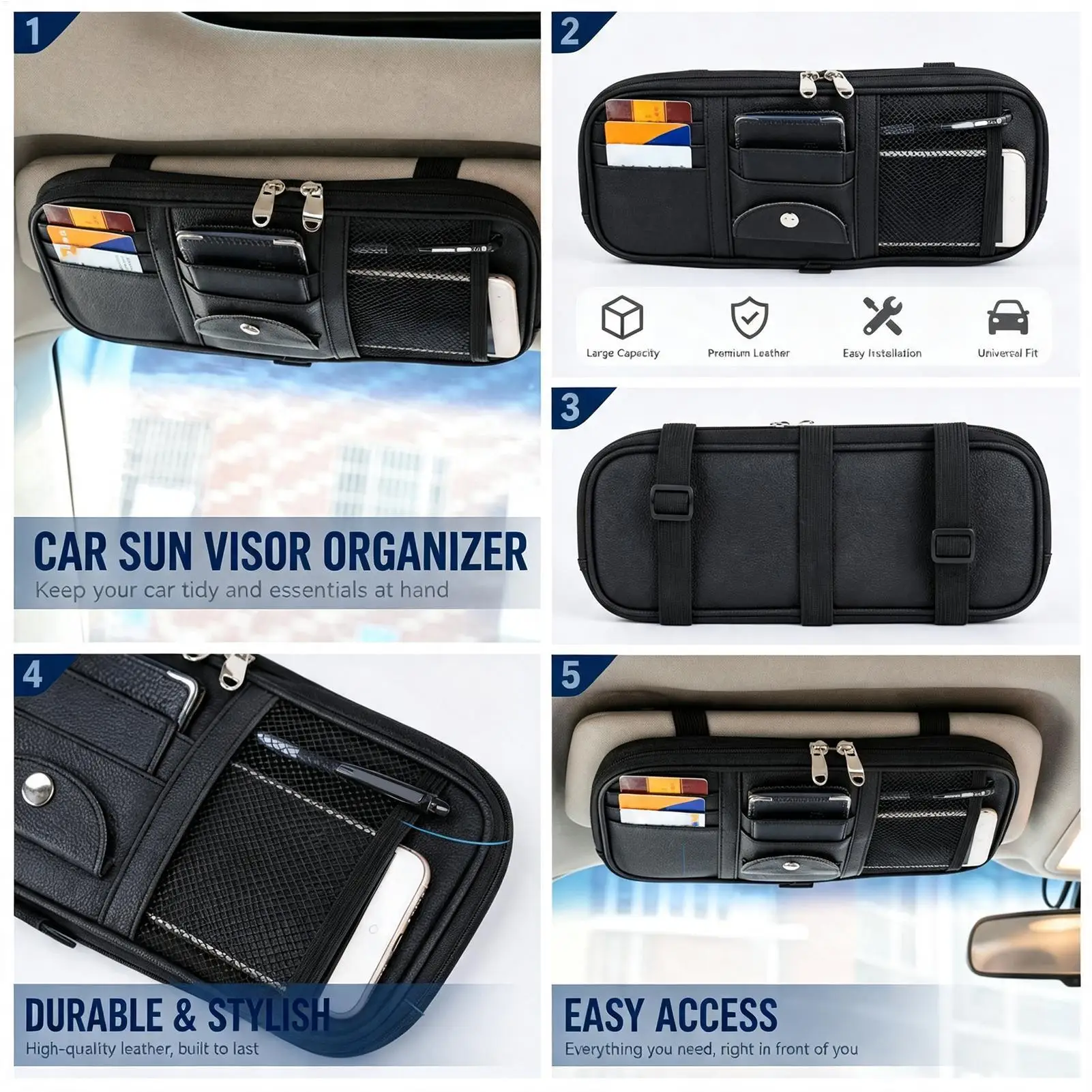 Car Sun Visor Organizer Multi-Pocket Universal PU Leather Holder Car Storage Organizers For Vehicle Interior Registration