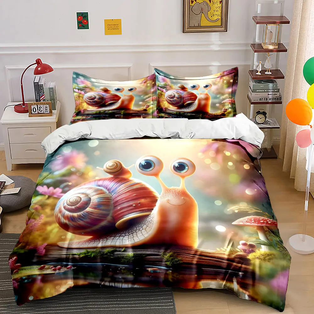 Colorful snail in magical forest Print Bedding Set 1 Duvet Cover 2 Pillowcases for Adult and Children Luxury Gift Full Size