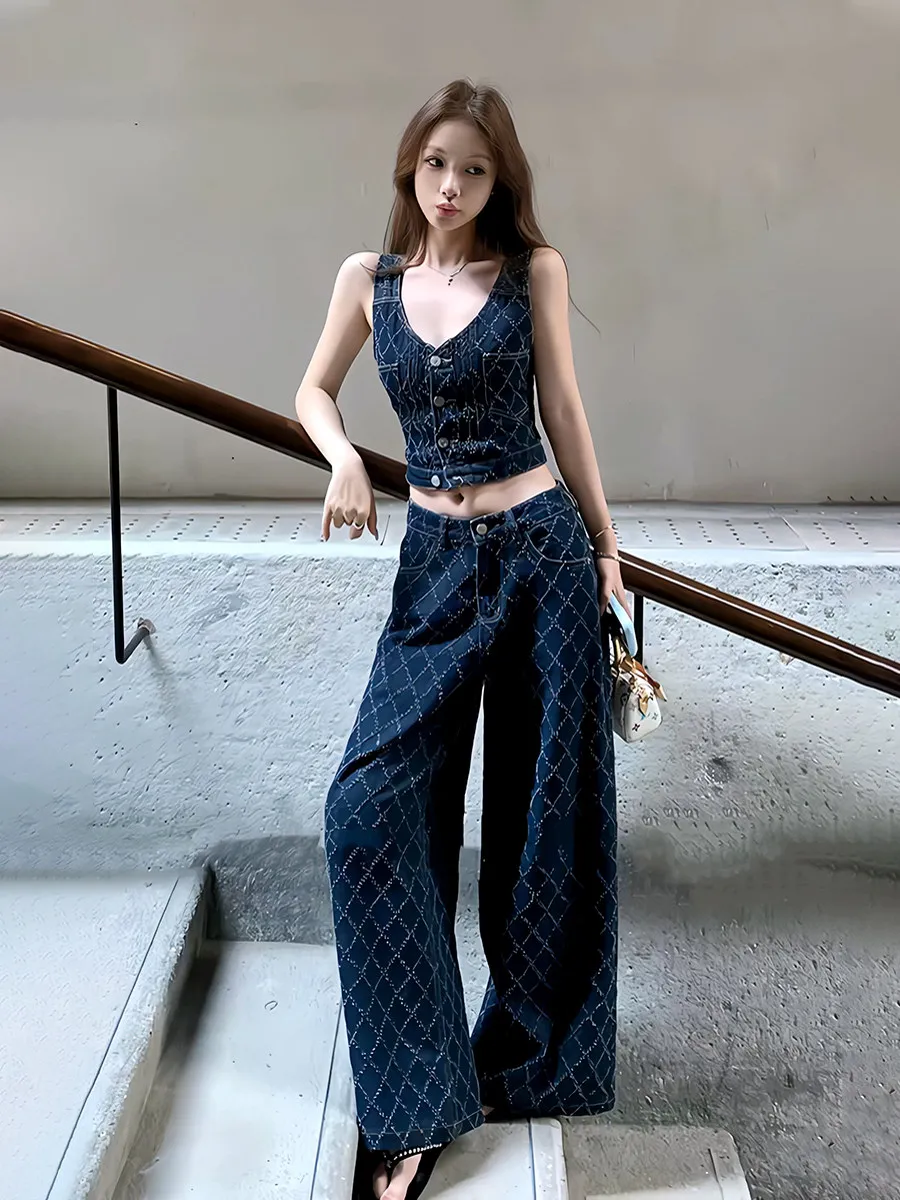 

American Style Spicy Girl Denim Strap Vest Women Summer Loose Plaid Wide Leg Long Pants Two Piece Set Casual Fashion Outfit