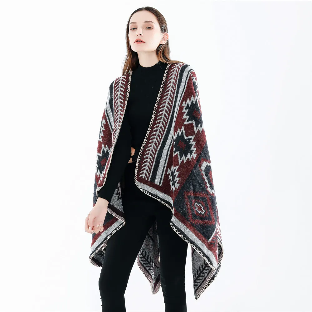 

2022 Spring Autumn Geometric Puzzle Women Cloak Simple Fashion Warm Air Conditioning Shawl Travel Cloak Lady Poncho Capes Red