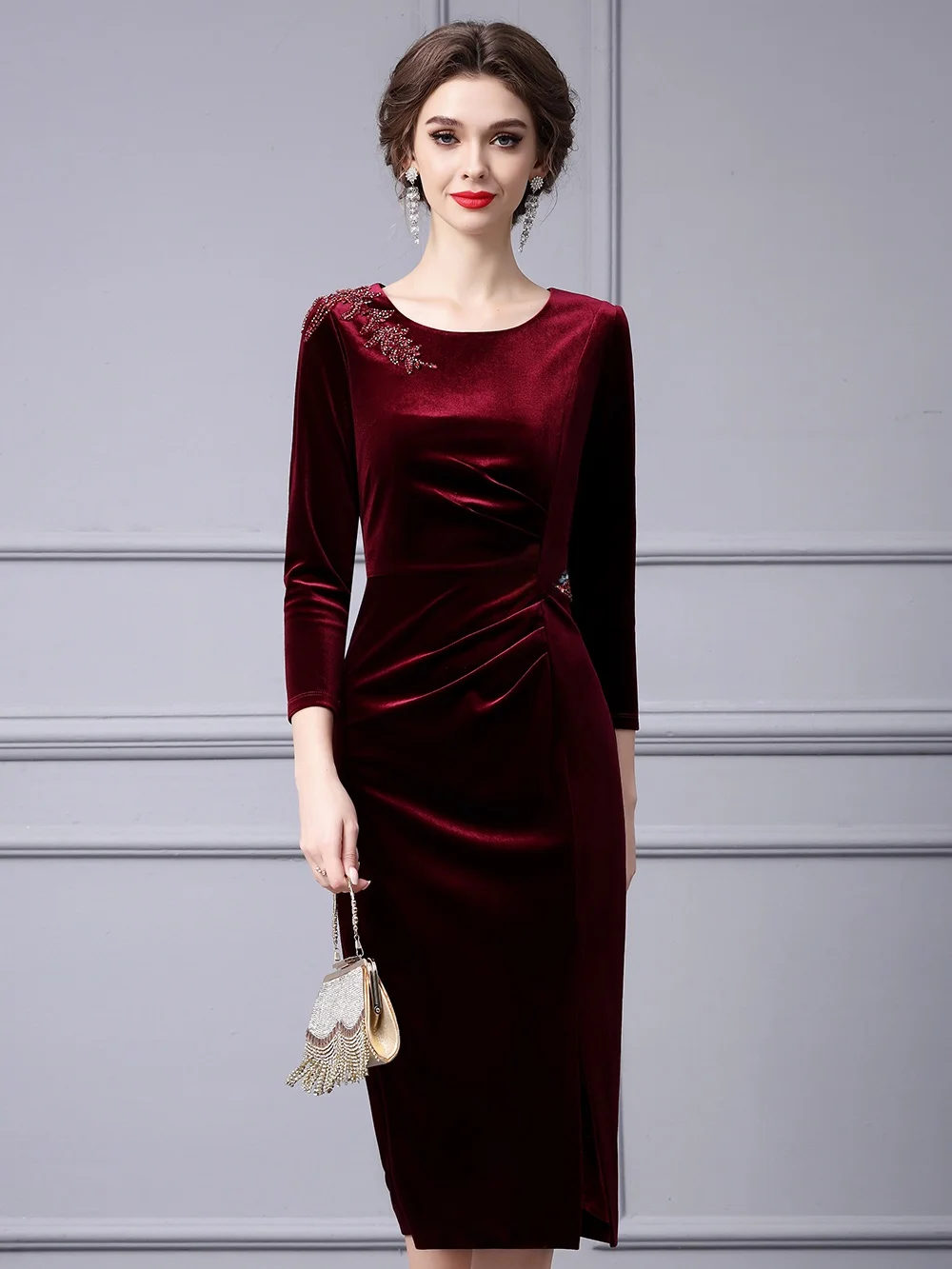 

Gold Velvet Bodycon Dr for Plump Women Important Ocns Red Nail Drill High Waist Polyester Fiber Spring Autumn Long Sl...