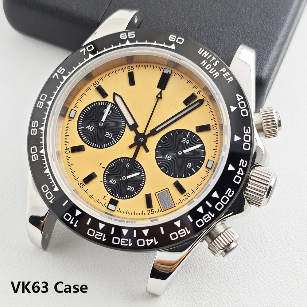 39.5mm VK63 Case Panda dial Chronograph Stainless Steel Case Fit VK63/64 Movement Sapphire Crystal Glass Case 20mm Strap
