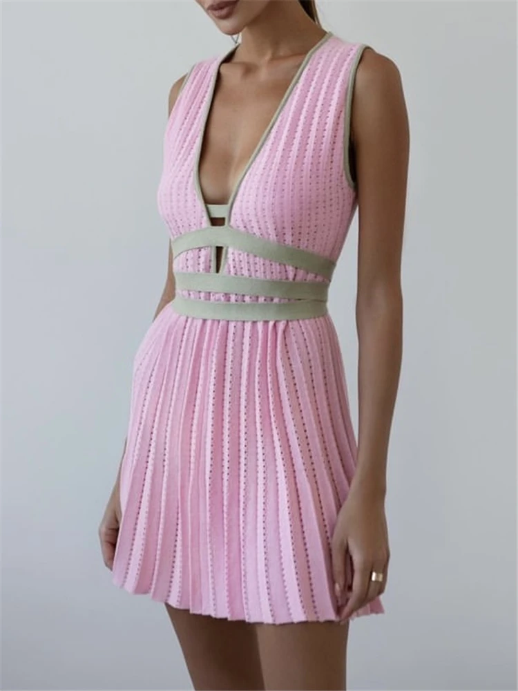 REALEFT letnie głębokie dekolt w serek dzianinowe sukienki damskie wysokiej talii zasznurować Casual bez rękawów solidna seksowna Mini sukienki kobiece damskie