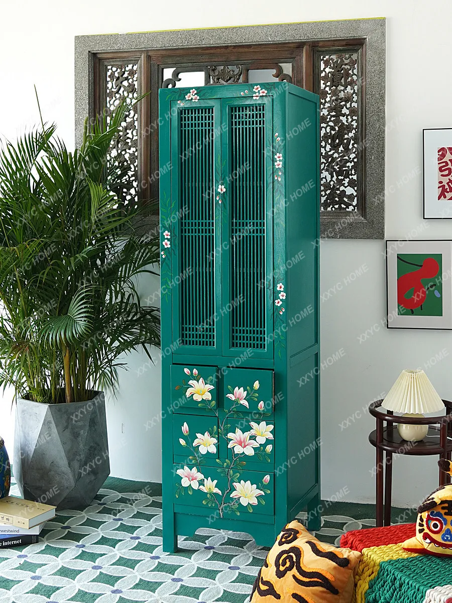 Retro solid wood hand-painted bookcase painted furniture wardrobe storage decorative cabinet