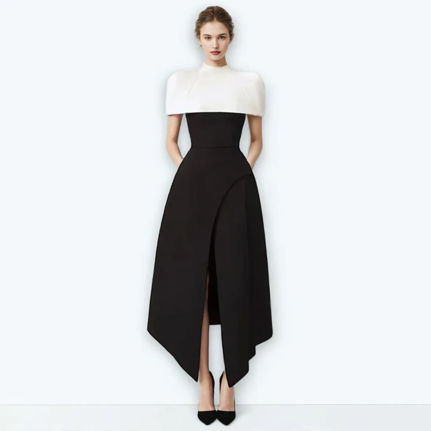 

Sharon Said Dubai A-Line Black and White Elegant Evening Dress with Cape for Women Wedding Formal Gown SF415 Customized