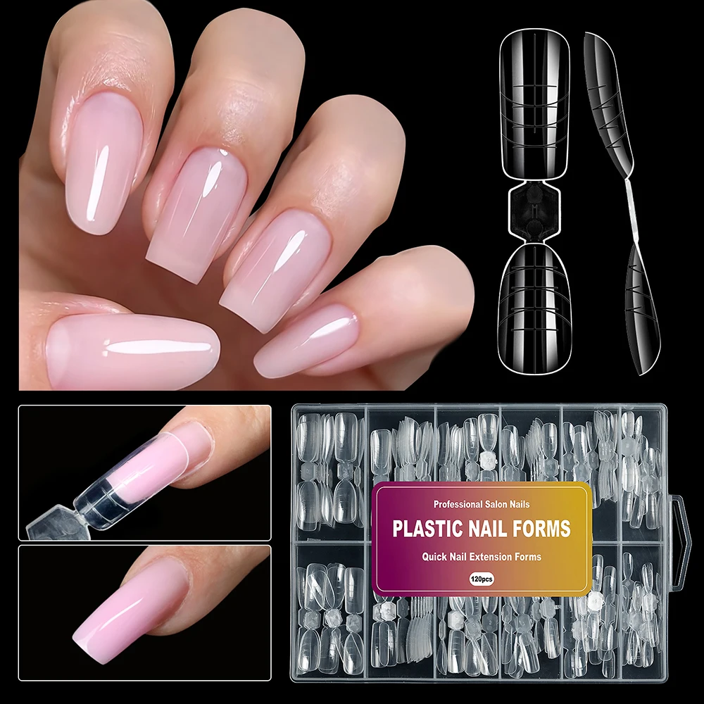 120Pcs Clear Nail Mold Extension Gel 2 In 1 Nail Forms With Scale Builder Coffin Nail For Gel Nail Art Design Salon DIY At Home