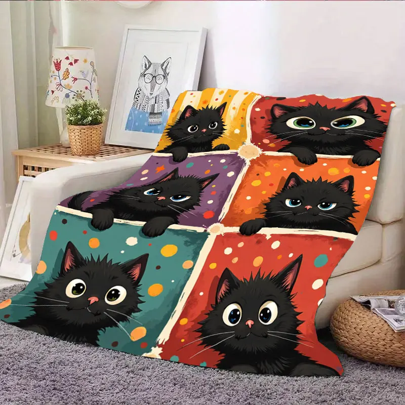1pc Flannel Blanket Cute Black Cat Print Soft Blanket for Cozy Home Decor