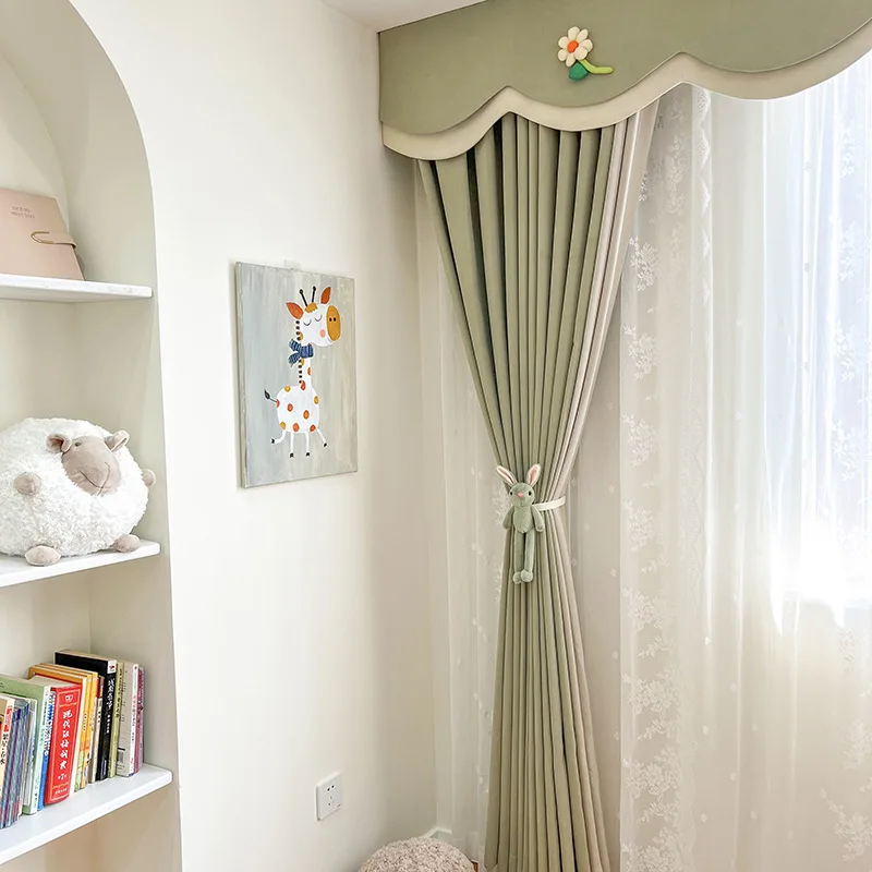 Children's Room Curtains Matcha Green Solid Color Curtains for Living Room Bedroom Dining Room Thickened High Blackout Curtains