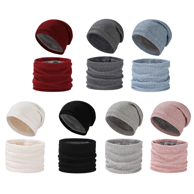 Set cappello e sciarpa in maglia invernale-colore puro, foderato in pile, spesso e caldo, Design minimalista, perfetto per il freddo