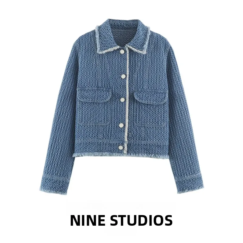 Loose Denim Jacket Women's Casual Turn-down Collar Pocket Decorated Outerwear Long Sleeve Polyester Fiber Button Closure