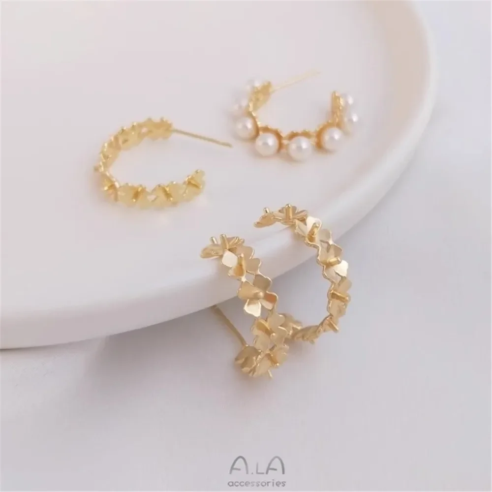 14K Gold-Color C-shaped Garland Half-hole Pearl Holder Earrings 925 Silver Needle Handmade DIY Sticky Bead Ear Accessories E205