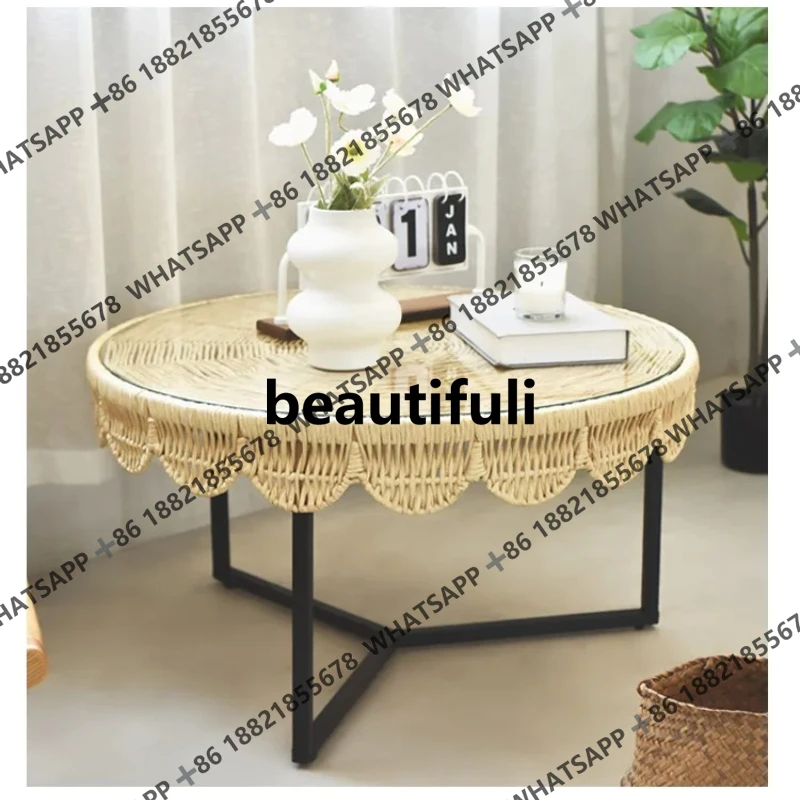 

Nordic round coffee table wabi-sabi wind retro paper rope woven round tempered glass tea table Japanese style