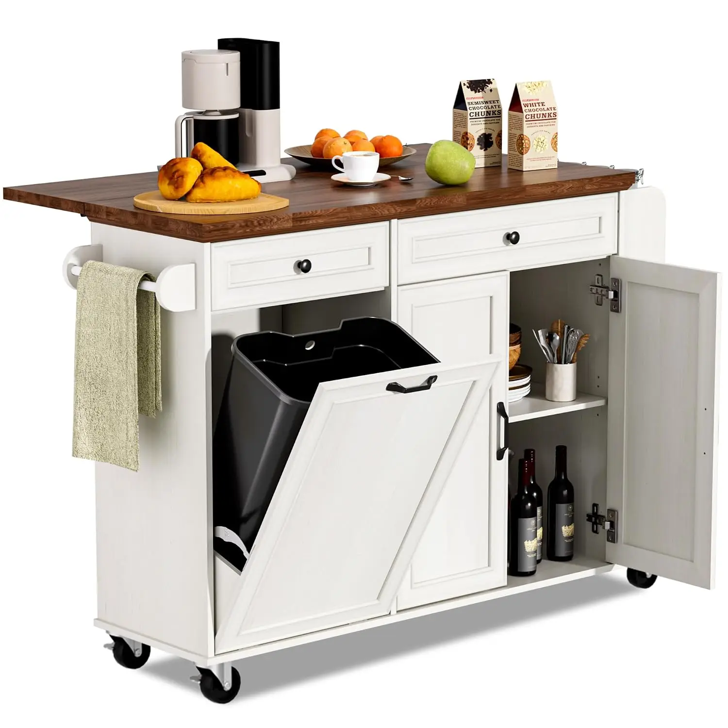 Kitchen Island with Trash Can Storage & Drop Leaf, White | Rolling Kitchen Cart with Drawers, 3-Tier Spice Rack and, Customized